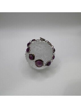 Silver Tone Dyed Quartz Amethyst Color Link Bracelet 7.5”